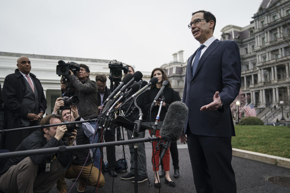 WASHINGTON, DC - MARCH 13: U.S. Treasury Secretary Steven Mnuchin speaks to the press outside of the West Wing of the White House on March 13, 2020 in Washington, DC. Mnuchin fielded questions about the economic effects of the coronavirus pandemic. (Photo by Drew Angerer/Getty Images)