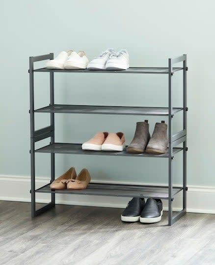 metal shoe rack with three shelves for shoes