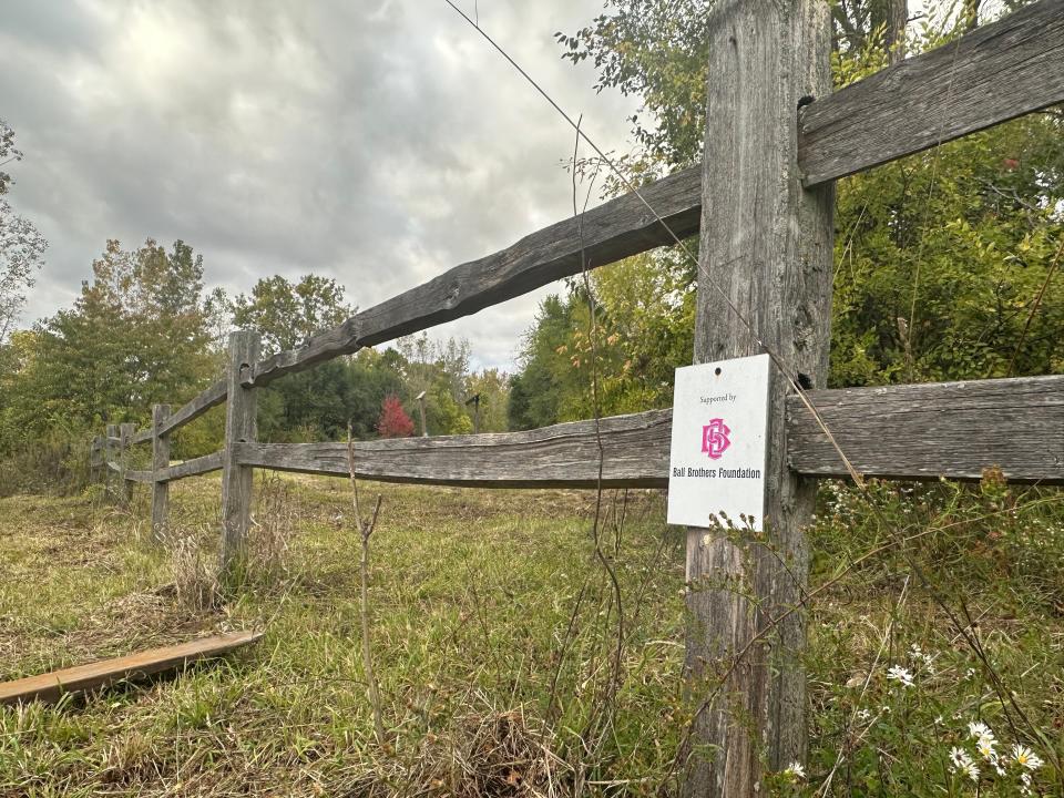 A sign that reads “Supported by Ball Brothers Foundation” sits in front of the large green space where the junkyard once sat. Dr. John Pichtel says the Ball Brothers Foundation helped support the clean-up of this site.