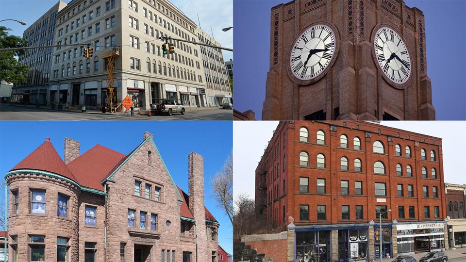 These city of Erie properties are listed in the National Register of Historic Places. Clockwise, from left, are the Erie Masonic Temple; the Boston Store; the Hagen History Center; and the Performing Artists Collective Alliance building.