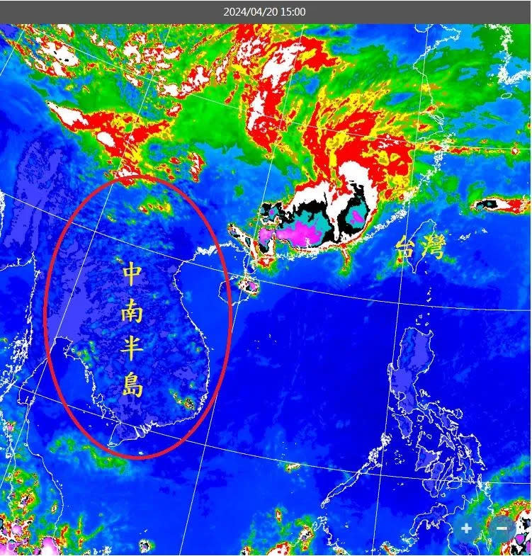 <strong>鄭明典分享20日的雲圖指出，中南半島午後對流雲系太弱，不利於台灣對流雲系發展。（圖／翻攝自Facebook@鄭明典）</strong>