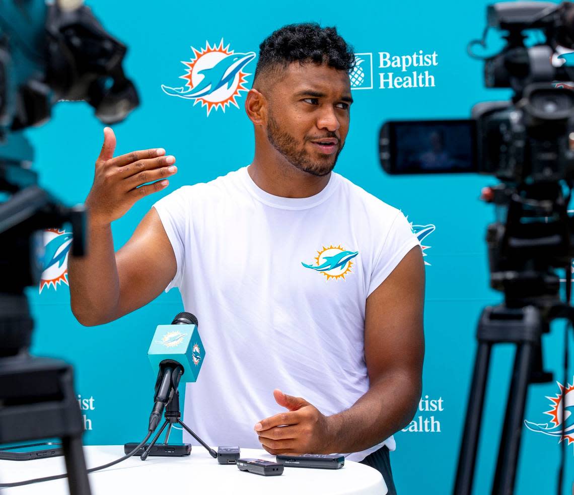 Miami Dolphins quarterback Tua Tagovailoa (1) speaks to the media after the second day of mandatory mini camp at Baptist Health Training Complex in Miami Gardens, Florida, on Thursday, June 2, 2022.