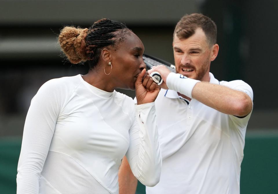 Venus Williams and Jamie Murray in their mixed doubles match against Alicja Rosolska and Michael Venus (Zac Goodwin/PA). (PA Wire)