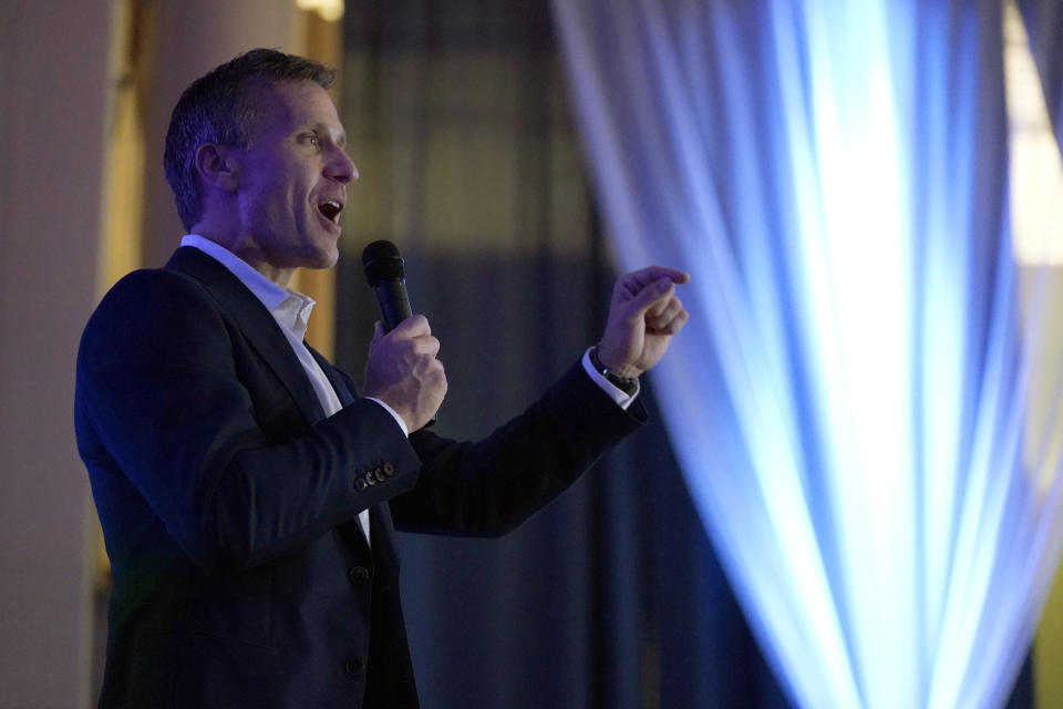 Former Missouri Gov. Eric Greitens delivers a concession speech in his bid for the Republican nomination for U.S. Senate during a watch party at the close of Missouri's primary election, Tuesday, Aug. 2, 2022, in Chesterfield, Mo. (AP Photo/Jeff Roberson)