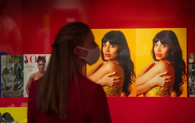 Exhibits showing the portrayal of women in magazines and advertising, including unretouched and retouched photos of actress Jameela Jamil 