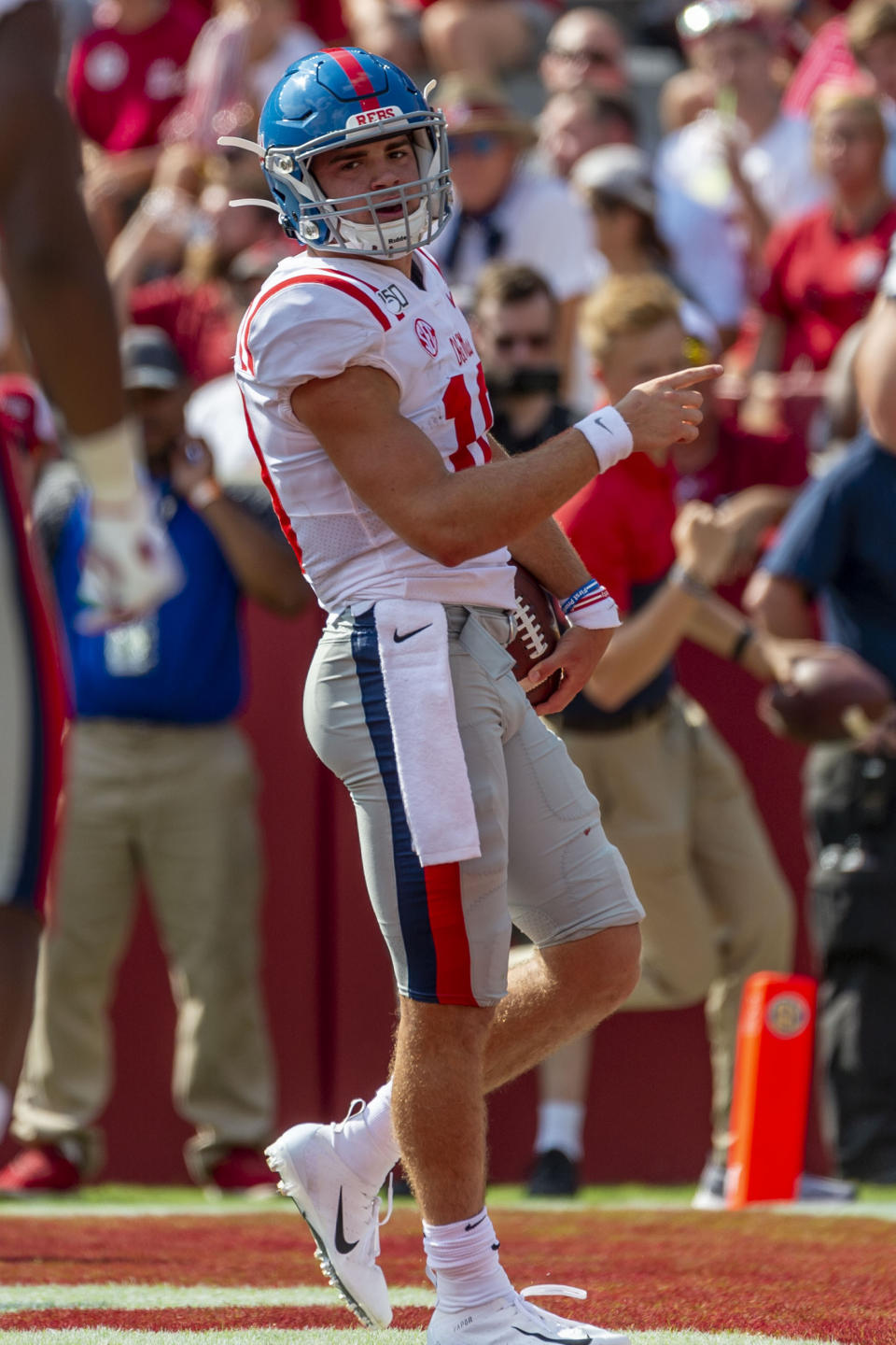 Mississippi quarterback John Rhys Plumlee (10) celebrates his touchdown run against Alabama during the first half of an NCAA college football game, Saturday, Sept. 28, 2019, in Tuscaloosa, Ala. (AP Photo/Vasha Hunt)