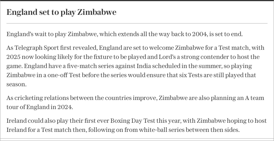 England set to play Zimbabwe