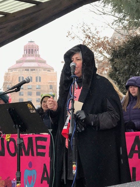 Elizabeth, "Liz," Colton, speaks in January 2019 in downtown Asheville on the need to pass the Equal Rights Amendment.