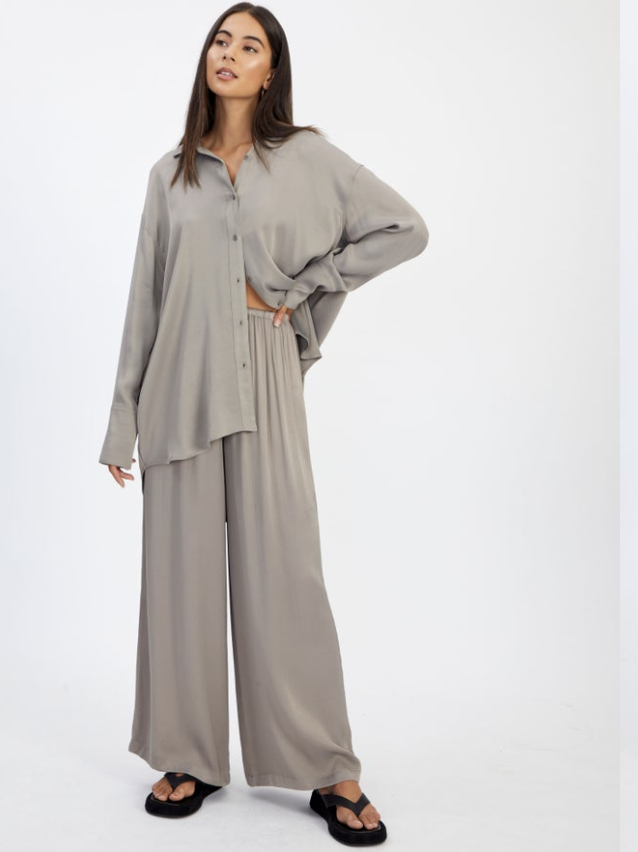 Oversized Satin Button Through Shirt, $49.99, and Satin wide leg pants, $59.99, from Glassons