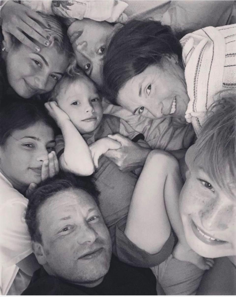 Oliver and wife Jools, pictured with their five children, recently renewed their wedding vows (jools oliver/ instagram)