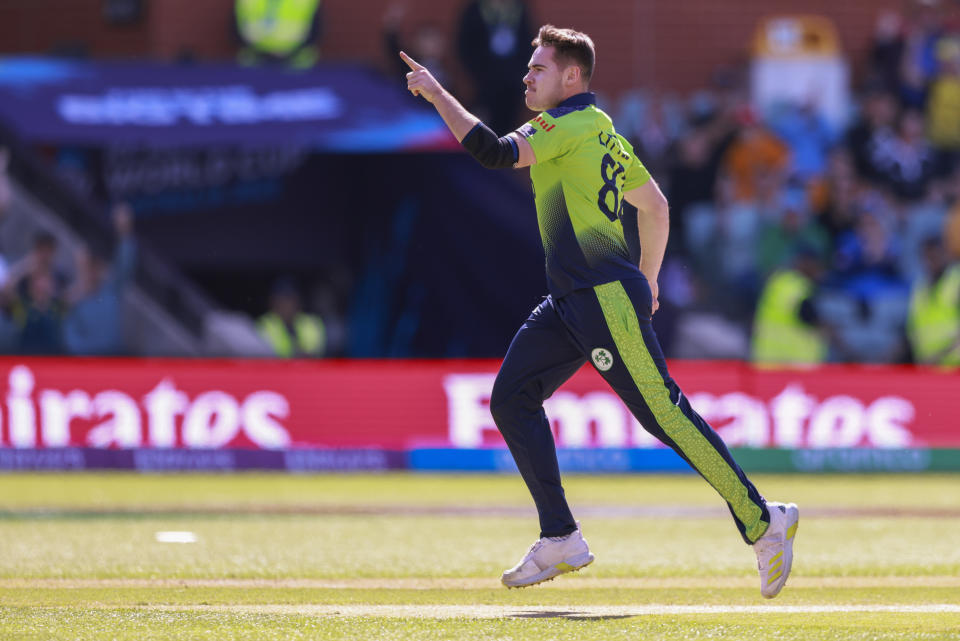 Ireland's Josh Little celebrates after taking the wicket New Zealand's Mitchell Santner during the T20 World Cup cricket match between New Zealand and Ireland in Adelaide, Australia, Friday, Nov. 4, 2022. (AP Photo/James Elsby)