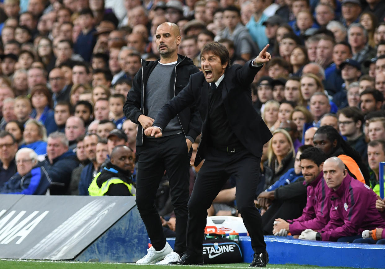 Saturday’s showdown was a tactical battle between Pep Guardiola (left) and Antonio Conte. (Getty)