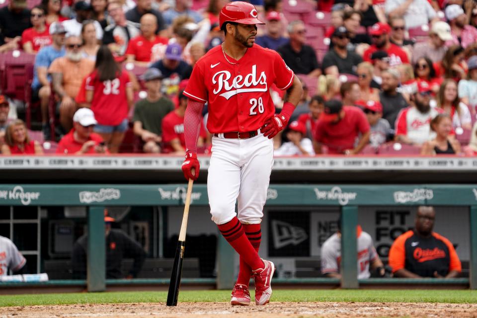 Cincinnati Reds left fielder Tommy Pham (28) was traded to the Boston Red Sox Aug. 1, 2022.