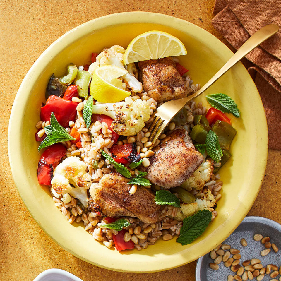 <p>You can find farro in most grocery stores, near the rice. If you can't find farro, you can use wheat berries or brown rice instead; cook according to package directions. <a href="https://www.eatingwell.com/recipe/281187/grilled-chicken-with-farro-roasted-cauliflower/" rel="nofollow noopener" target="_blank" data-ylk="slk:View Recipe;elm:context_link;itc:0;sec:content-canvas" class="link ">View Recipe</a></p>