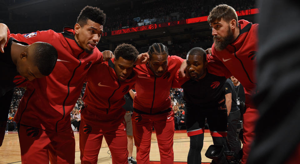 The Toronto Raptors huddle up prior to a game at Scotiabank Arena earlier this season. (Photo by Ron Turenne/NBAE via Getty Images)