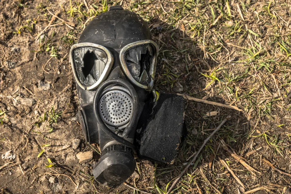 A smashed Russian respirator lies discarded on the ground in Bucha, a suburb of Kyiv, Ukraine, on Monday, April 4, 2022. (Daniel Berehulak/The New York Times)