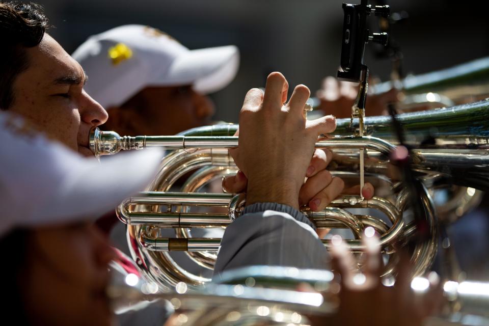 Members of the Florida State Marching Chiefs  perform in the Capitol courtyard during FSU Day at the Capitol on Tuesday, March 21, 2023. 