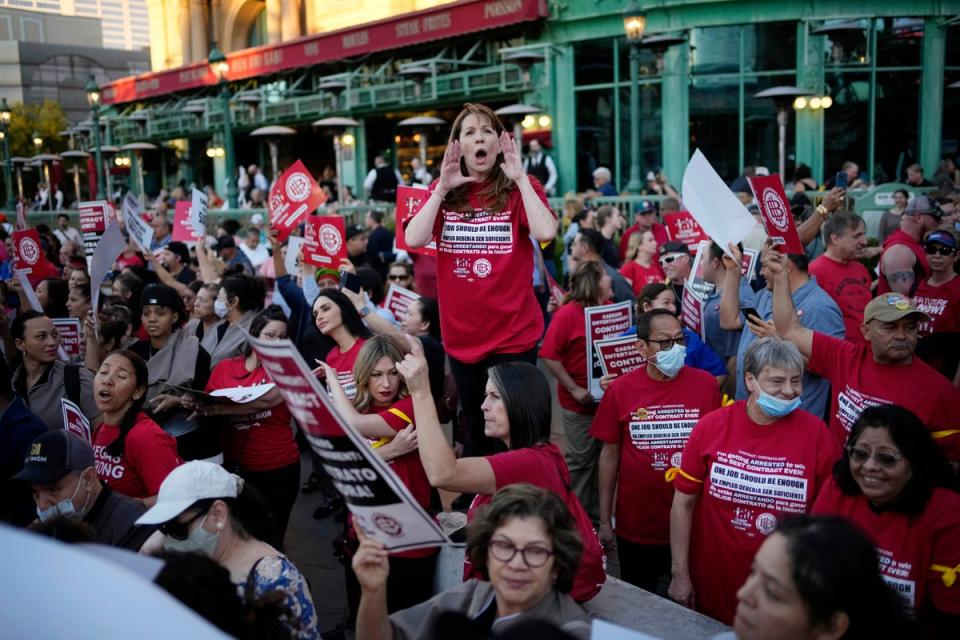 Members of the Culinary Workers Union rally along the Strip (Copyright 2023 The Associated Press. All rights reserved.)