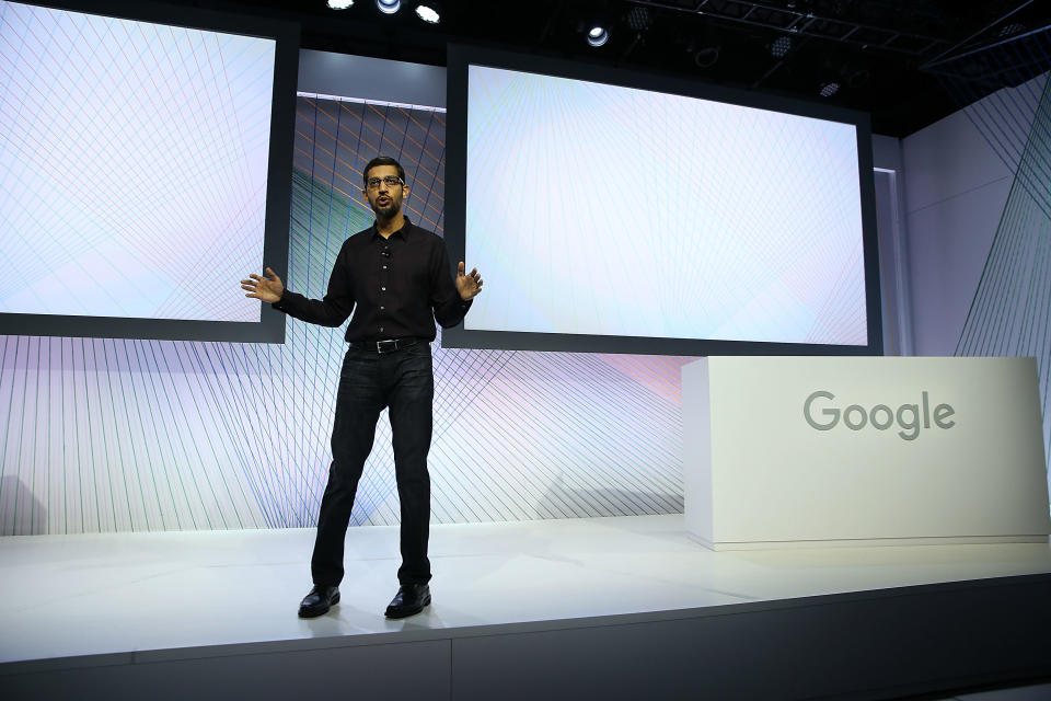 Google CEO Sundar Pichai speaks during a Google media event in 2015. Photo: Getty