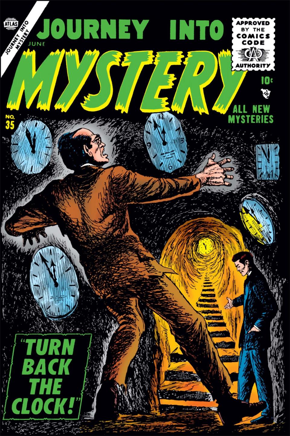 The cover for Journey into Mystery 35 shows a man falling through darkness surrounded by clocks