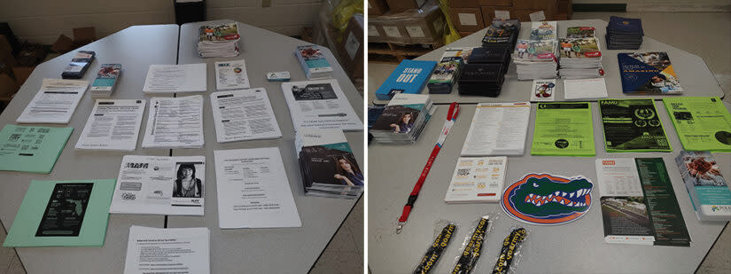 Pamphlets, flyers and other giveaways at the “Parent University” meeting. (Leslie Paul)