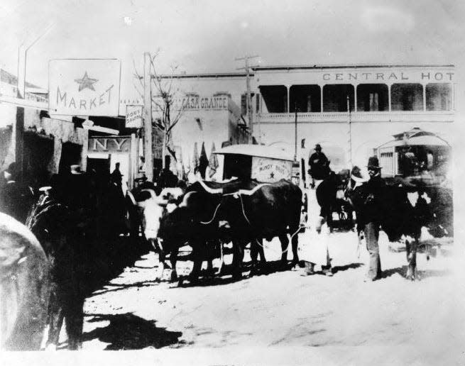 El Paso is shown circa 1883 at the southwest corner of "Little Plaza," now Pioneer Plaza. The Pony Saloon was near the corner of West San Francisco Street. Central Hotel was on site of the Plaza Theatre and the McCoy Hotel.