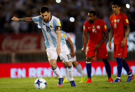 Football Soccer - Argentina v Chile - World Cup 2018 Qualifiers - Antonio Liberti Stadium, Buenos Aires, Argentina - 23/3/17 - Argentina's Lionel Messi prepares to kick a penalty. REUTERS/Martin Acosta