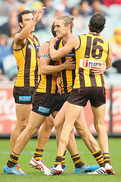 Ryan Schoenmakers celebrated his first AFL for over a year, kicking four goals in Hawthorn's record win over St Kilda.