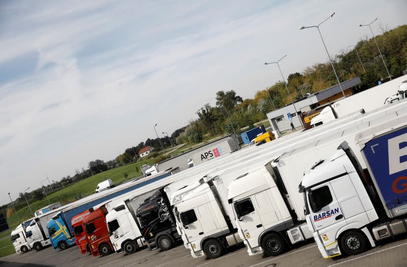 Trucks park at the highway A2 parking near Warsaw