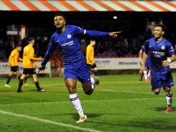 Tino Anjorin celebrates after scoring against Wolves in the FA Youth Cup (Getty)