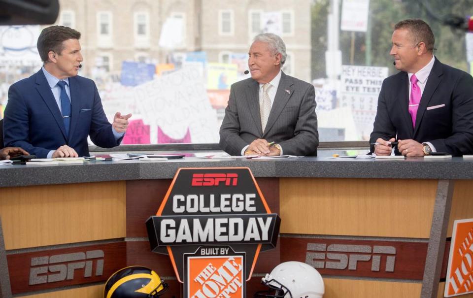 ESPN's "College GameDay" show, here featuring Rece Davis, Lee Corso and Kirk Herbstreit, will have a different look this season.