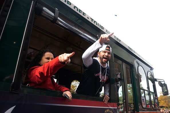 ATLANTA, GA - NOVEMBER 05: Fans cheer for the Atlanta Braves during the World Series Parade at Truist Park on November 5, 2021 in Atlanta, Georgia. The Atlanta Braves won the World Series in six games against the Houston Astros winning their first championship since 1995. (Photo by Megan Varner/Getty Images)