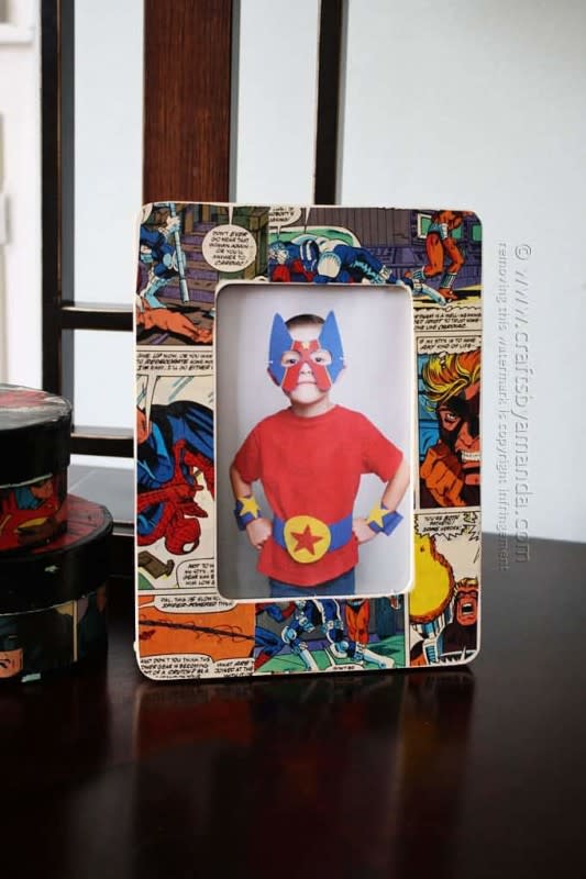 <p>Crafts by Amanda</p><p>Stay on trend with the superhero fad by making dad his superhero frame. With Mod Podge and comic books, your kindergartener can craft the perfect super gift for their super dad. Find out how on <a href="https://craftsbyamanda.com/comic-craft-decoupage-frame/" rel="nofollow noopener" target="_blank" data-ylk="slk:Crafts by Amanda;elm:context_link;itc:0;sec:content-canvas" class="link ">Crafts by Amanda</a>!</p>