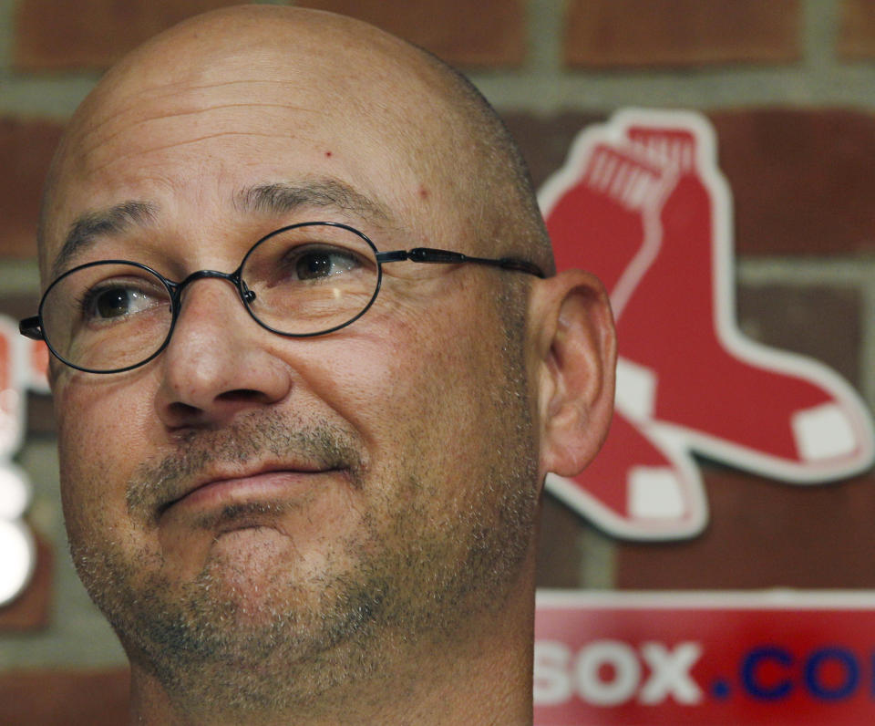 FILE - Boston Red Sox manager Terry Francona reacts during a baseball news conference at Fenway Park in Boston, Sept. 29, 2011. Slowed by major health issues in recent years, the personable, popular Francona may be stepping away, but not before leaving a lasting imprint as a manager and as one of the game's most beloved figures. (AP Photo/Elise Amendola, File)
