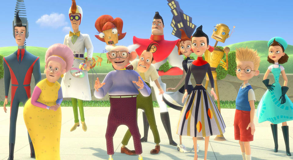 <a href="http://movies.yahoo.com/movie/1809417093/info" data-ylk="slk:MEET THE ROBINSONS;elm:context_link;itc:0;sec:content-canvas" class="link ">MEET THE ROBINSONS</a> (2007) - A certain former "Magnum P.I." actor voices a cameo in the film as Wilbur's dad. While he's not seen, Wilbur does say his dad looks like Tom Selleck. That's because he IS Tom Selleck.