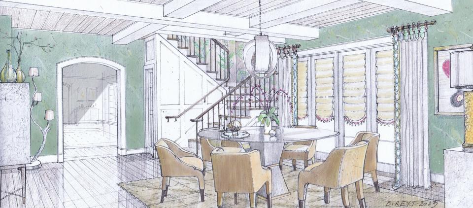 A rendering of the dining room and back hall designed by CWI Design, called "Yellow Bird."