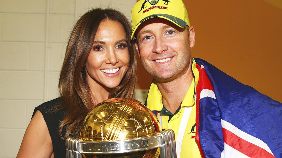 Michael and Kyly Clarke, pictured here after Australia's triumph at the 2015 World Cup. 