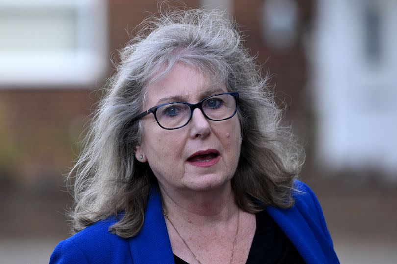Susan Hall, London mayoral candidate for the Conservative Party in glasses and a blue blazer