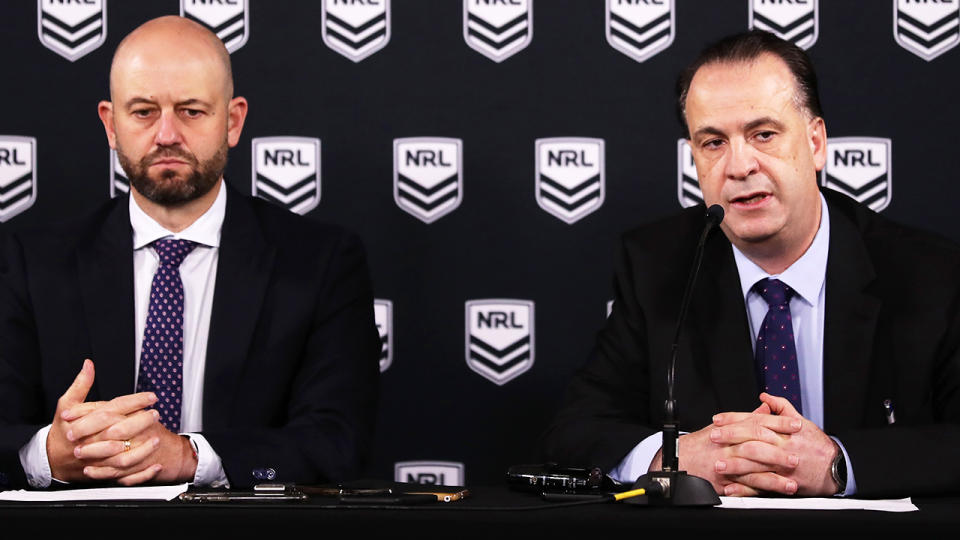 NRL CEO Todd Greenberg and ARLC Chairman Peter V'landys, pictured here addressing the media.