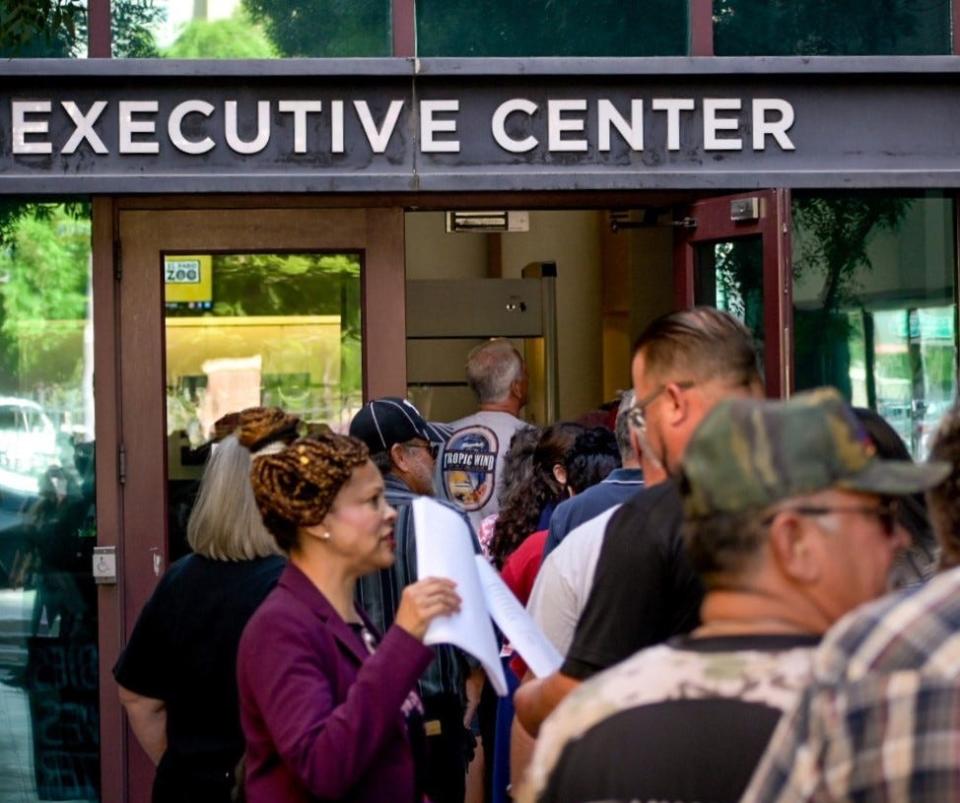 Anti-abortion protesters line up to enter the El Paso City Council chamber Tuesday.