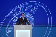 Aleksander Ceferin, president of UEFA, delivers a speech at the start of the 47th ordinary UEFA congress in Lisbon, Wednesday, April 5, 2023. (AP Photo/Armando Franca)
