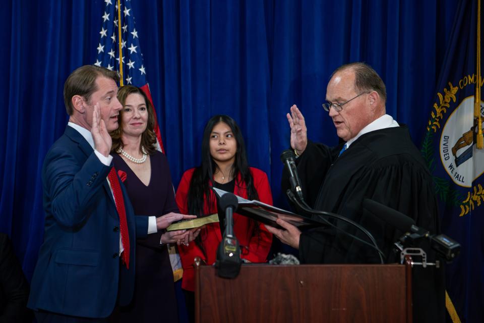 Kentucky Secretary of State Michael Adams was sworn into office on the first day of the 2024 Kentucky General Assembly in Frankfort, Ky. Jan. 2, 2024