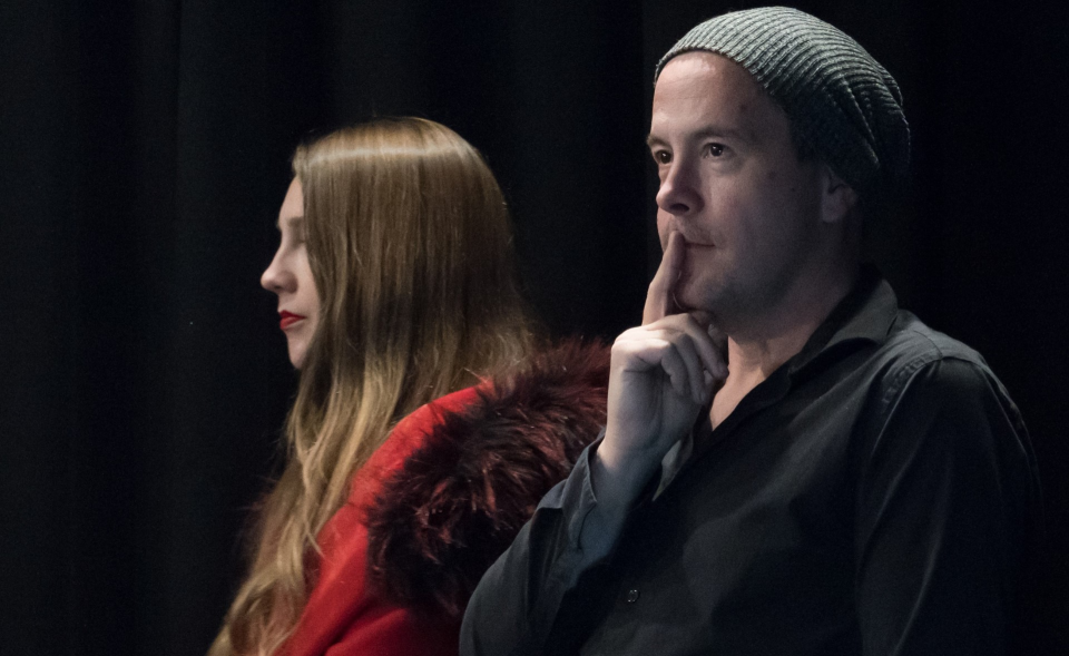 In the Garden of Z rehearsal. From left to right are Jelizaveta Robinson and Sean Robinson.