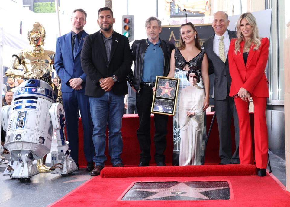 (L-R) Matt Fritch, Hugo Soto-Martinez, Mark Hamill, Billie Lourd, Steve Nissen and Ellen K attend the ceremony for Carrie Fisher being honored posthumously with a Star on the Hollywood Walk of Fame on May 04, 2023 (Getty Images)