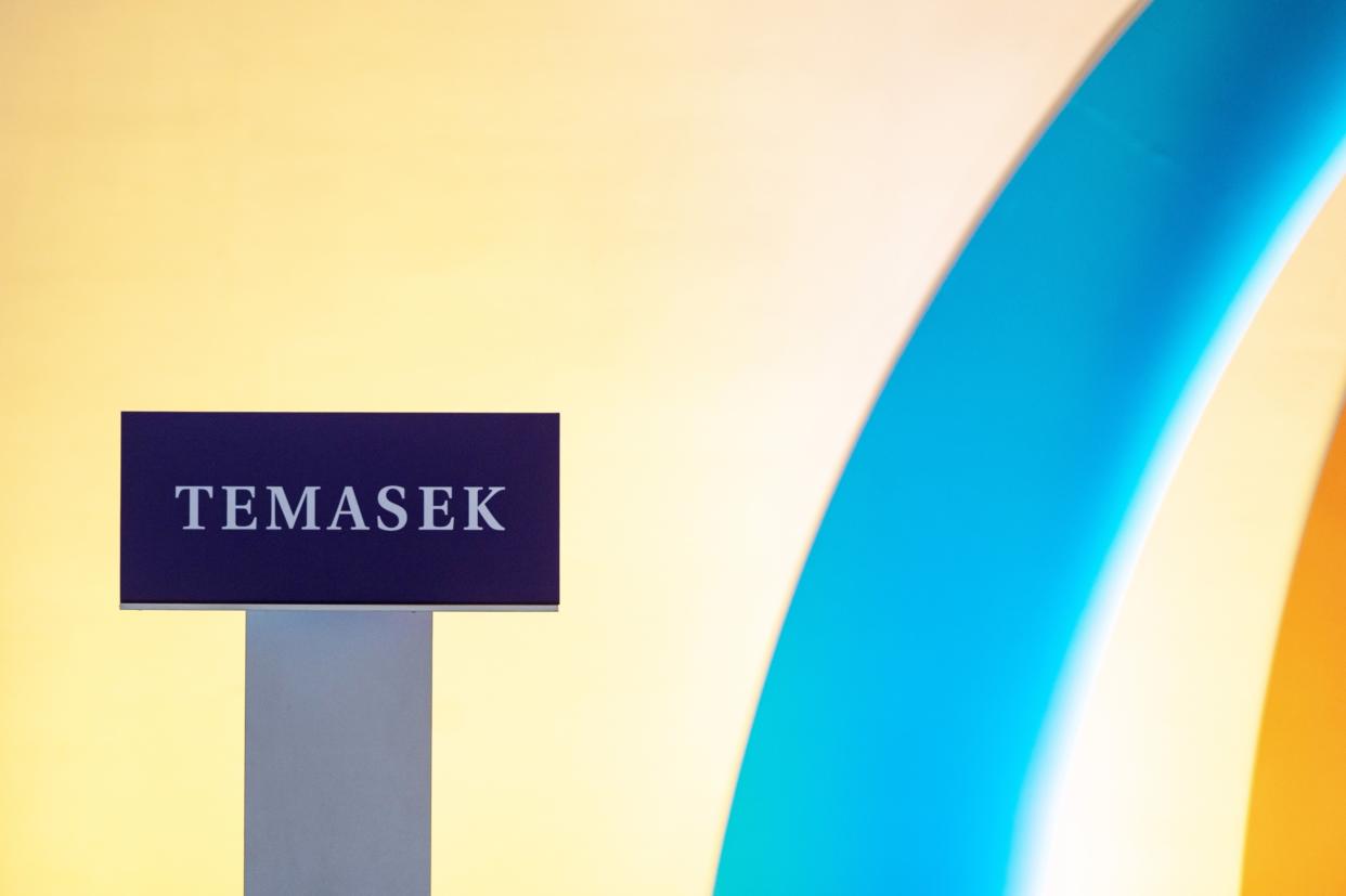 A signage of Temasek Holdings Pte., at the launch of Temasek Review 2022 in Singapore, on Tuesday, July 12, 2022. (Edwin Koo/Bloomberg)