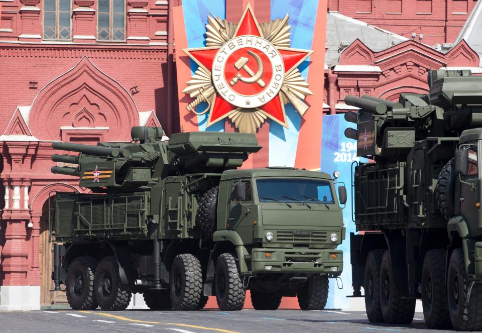 Russian surface-to-air missile and anti-aircraft artillery weapon system Pantsir-S1 moves along Red Square during the Victory Day Parade, which commemorates the 1945 defeat of Nazi Germany in Moscow, Russia, Friday, May 9, 2014.