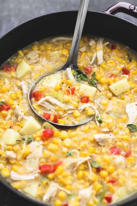 <p>Le Creme de La Crumb</p><p>This leftover turkey corn chowder comes together in about 30 minutes and is the most delicious way to use up that leftover Thanksgiving turkey.</p><p><strong>Get the recipe: <a href="https://www.lecremedelacrumb.com/leftover-turkey-corn-chowder/" rel="nofollow noopener" target="_blank" data-ylk="slk:Leftover Turkey Corn Chowder;elm:context_link;itc:0;sec:content-canvas" class="link ">Leftover Turkey Corn Chowder</a></strong></p>