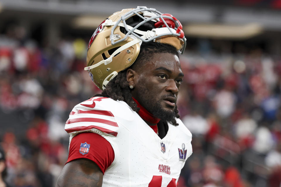 LAS VEGAS, NV - FEBRUARY 11: Brandon Aiyuk #11 of the San Francisco 49ers looks on before Super Bowl LVIII against the Kansas City Chiefs at Allegiant Stadium on February 11, 2024 in Las Vegas, Nevada.  (Photo by Perry Knotts/Getty Images)