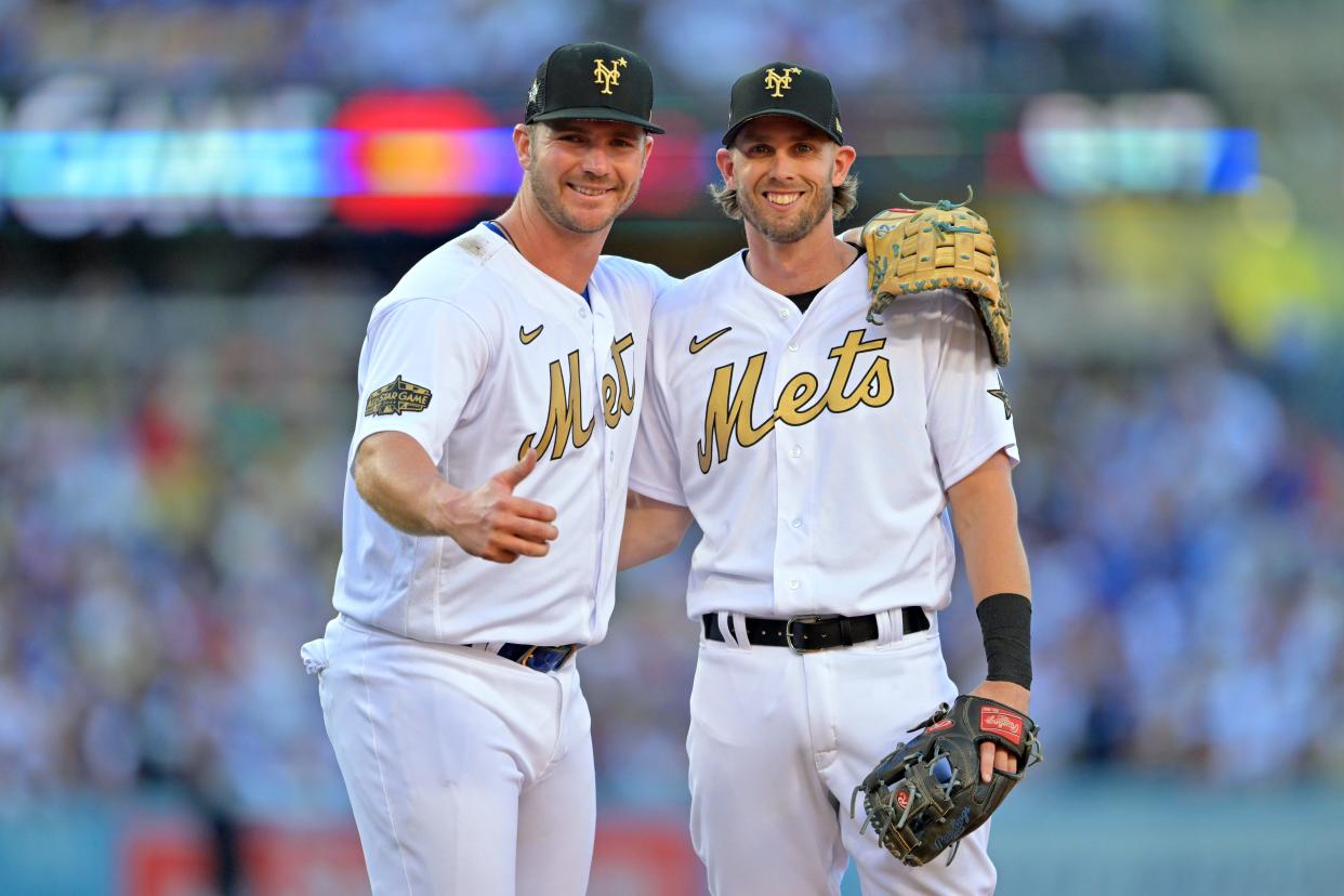 Jul 19, 2022; Los Angeles, California, USA; National League first baseman Pete Alonso (left) of the New York Mets and second baseman Jeff McNeil (right) of the New York Mets pose for a photo before the fifth inning of the 2022 MLB All Star Game at Dodger Stadium. Mandatory Credit: Jayne Kamin-Oncea-USA TODAY Sports