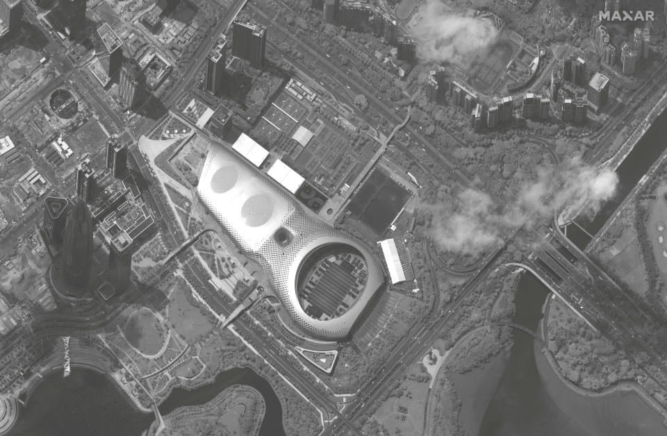 A satellite image appears to show Chinese military vehicles at Shenzhen Bay Sports Centre on the Hong Kong border. 